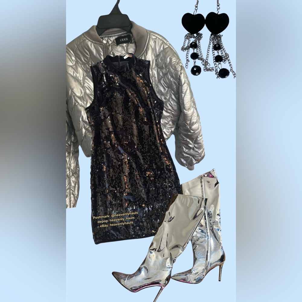 Genuine 2016 Black Sequin Mock Neck Velour Mini Dress - Picture 4 of 9